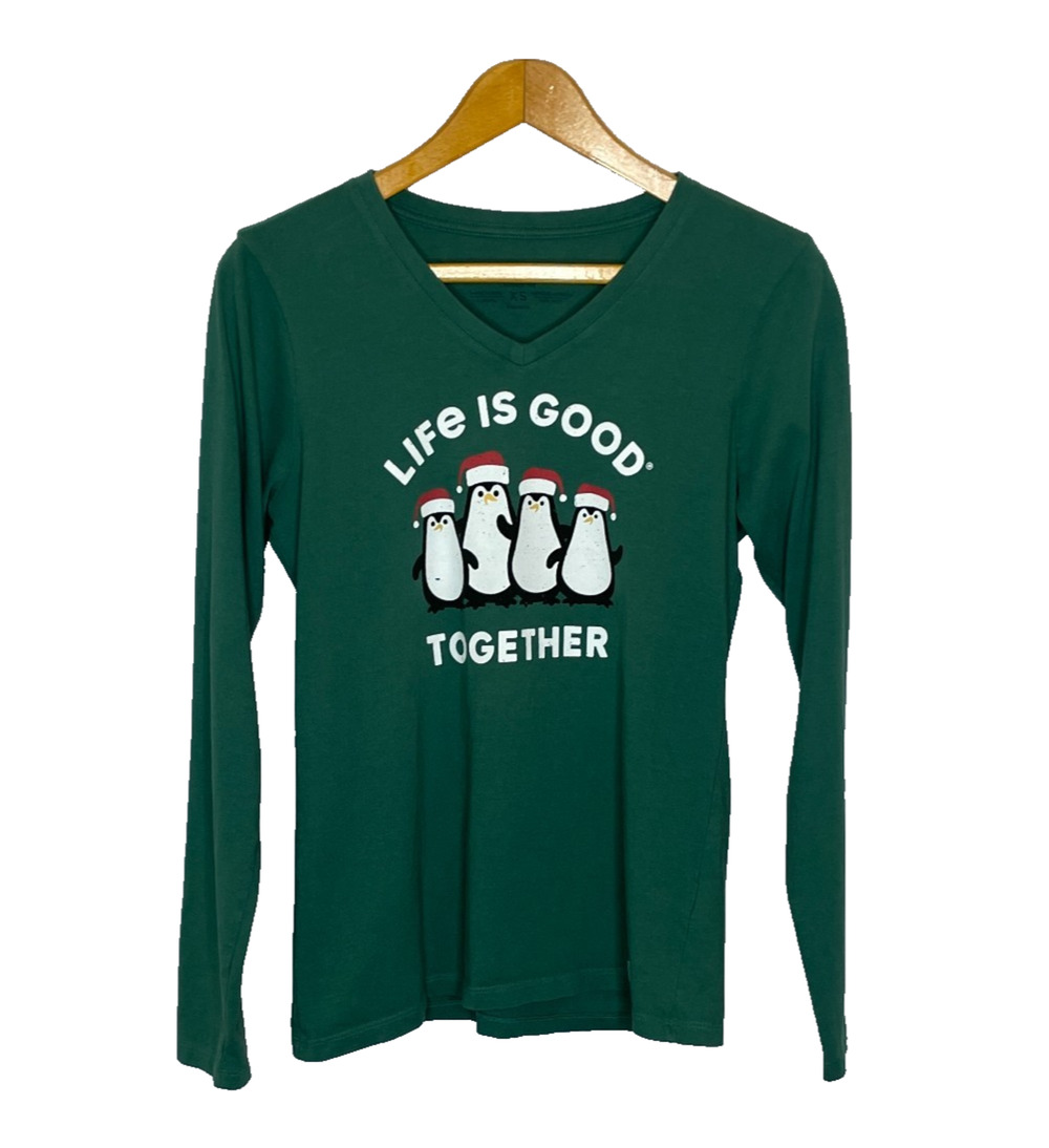Women's XS Life is Good Together Penguin Green Long Sleeve Crusher Tee Cotton